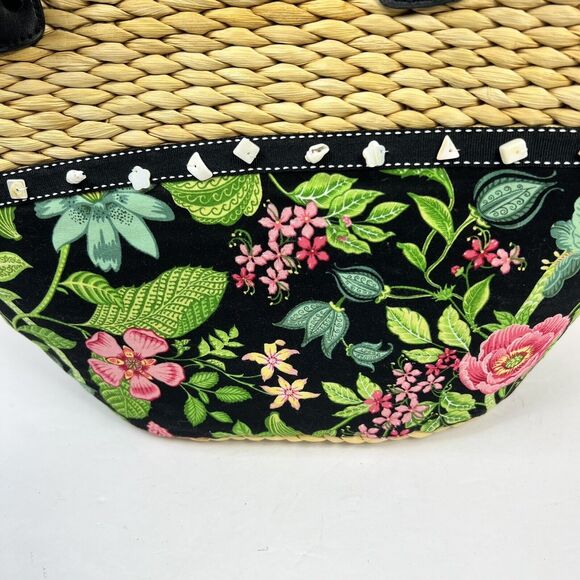 Vera Bradley Straw Beach Tote Bag Black Floral Capri Melon Tie - Picture 4 of 15